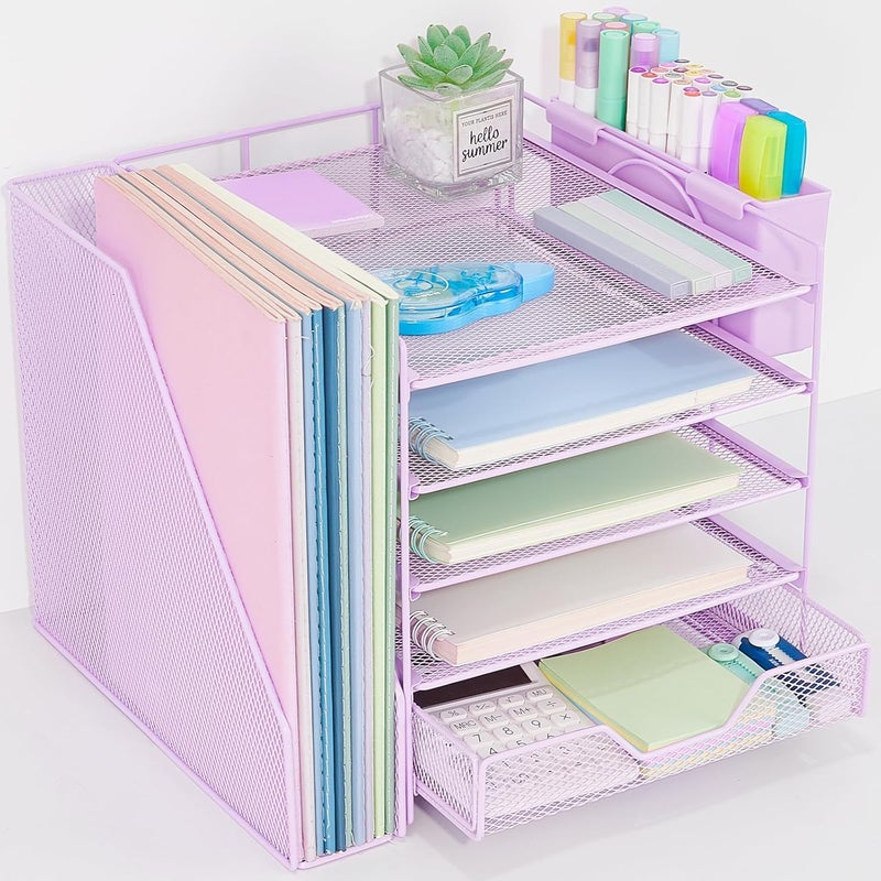 Gugsey Desk Organizer, 5-Tier Paper Letter Tray Organizer with File Holder, Drawer and Pen Holder, Desktop Organizer for Office Supplies, Purple - Image 1